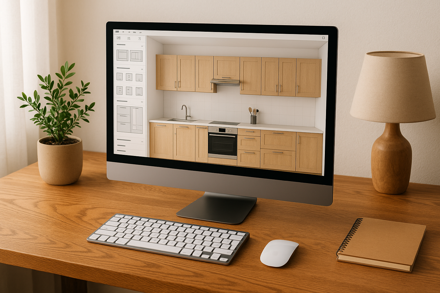 A warm oak desk with a computer monitor designing a kitchen
